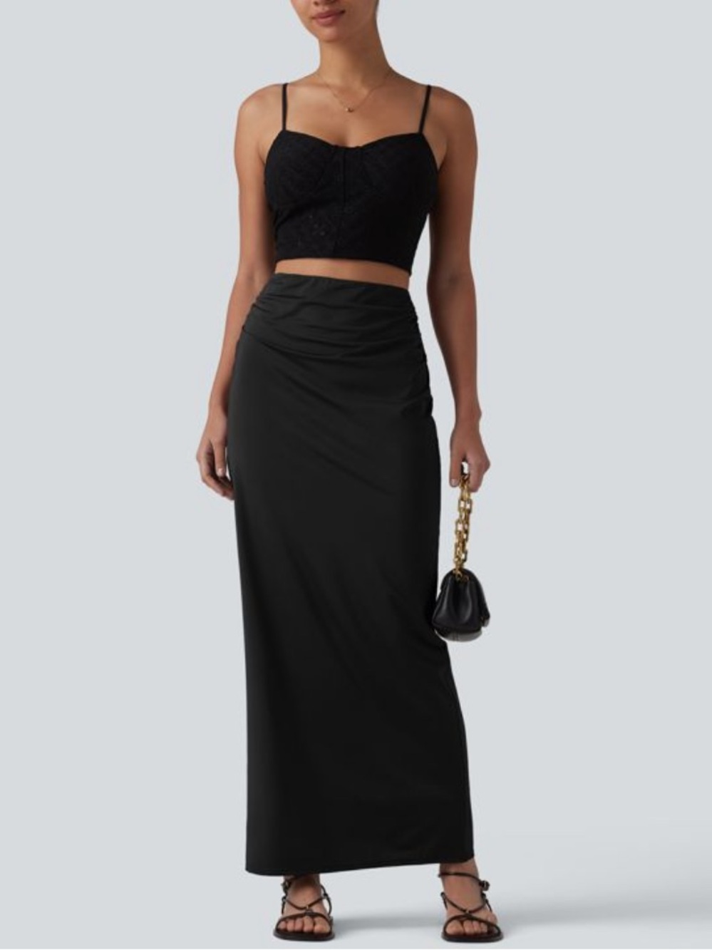 Halara Ruched Stretchy Satin-Like InstantCool Maxi Casual Pencil Skir